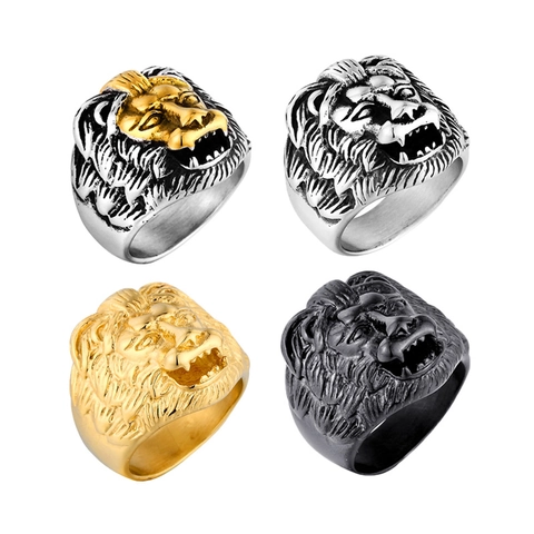 Vintage Stainless Steel Lion Head Ring For Men Punk Gothic Biker Animal Head Relief Signet Ring Fashion Hip Hop Jewelry