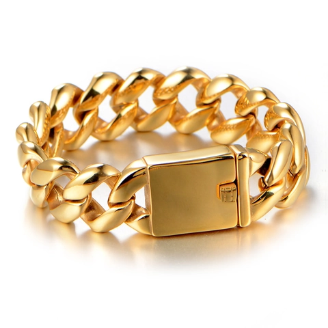 Men's Titanium Steel Cuban Link Bracelet Bold 21mm Thick Smooth Chain Jewelry With Box Clasp Gold Black Silver Bangle Gift