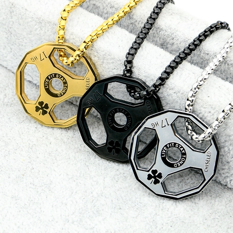 Titanium Steel Barbell Weight Plate Pendant Necklace Vintage Fitness Gym Motivational Jewelry For Men Women