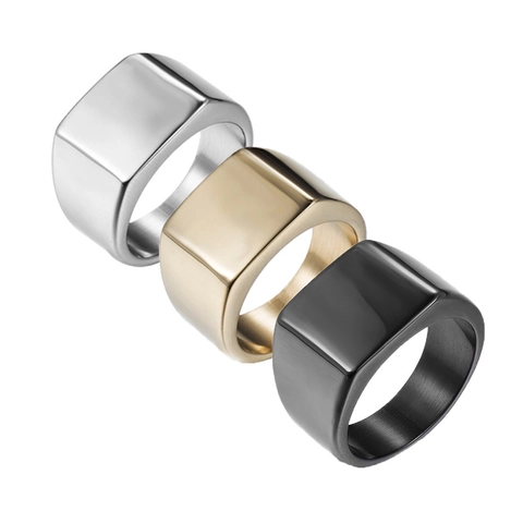 Chevalière Carrée en Acier Inoxydable Minimaliste pour Hommes Femmes Poli Lisse Or Argent Noir Bijoux de Mode Cadeau