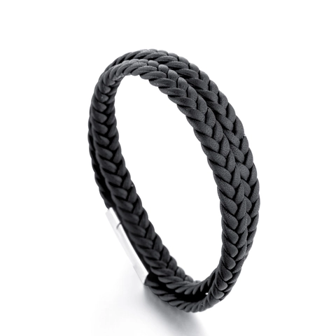 Vintage Men's Double Layer Braided Genuine Leather Bracelet With Titanium Steel Magnetic Clasp Punk Retro Cowhide Wristband