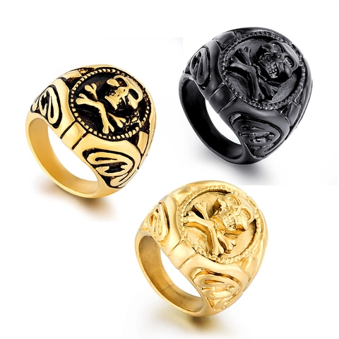 Vintage Titanium Steel Skull and Crossbones Ring for Men Punk Gothic Biker Individual Retro Polished Signet Band Ring Fashion Jewelry