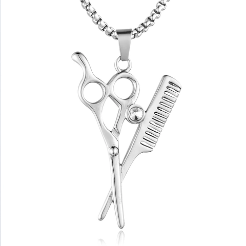 Barber Scissors Comb Cross Pendant Necklace Stainless Steel Rhinestone Inlaid Hip Hop Jewelry Professional Stylist Gift