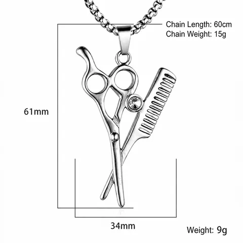 Barber Scissors Comb Cross Pendant Necklace Stainless Steel Rhinestone Inlaid Hip Hop Jewelry Professional Stylist Gift