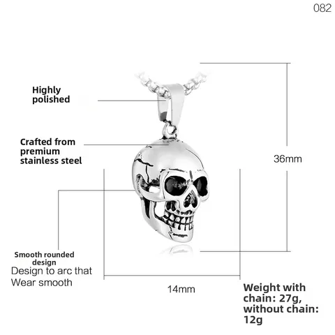 Punk Gothic Stainless Steel Skull Pendant Necklace For Men Realistic Skeleton Head Polished Hip Hop Rock Biker Jewelry Gift