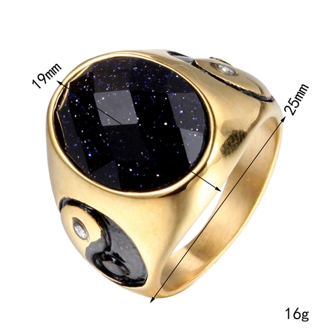 Vintage Stainless Steel Blue Sandstone Tai Chi Ring For Men Gold Silver Plated Yin Yang Inlaid Rhinestone Ethnic Ring