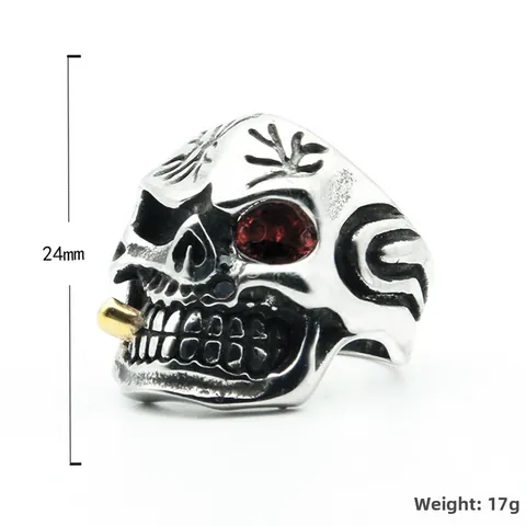 Punk Stainless Steel Skull Ring Men Vintage Gothic Skull Head With Smoking Pipe Rhinestone Eyes Hip Hop Biker Jewelry