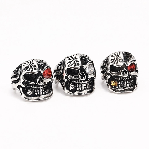 Punk Stainless Steel Skull Ring Men Vintage Gothic Skull Head With Smoking Pipe Rhinestone Eyes Hip Hop Biker Jewelry