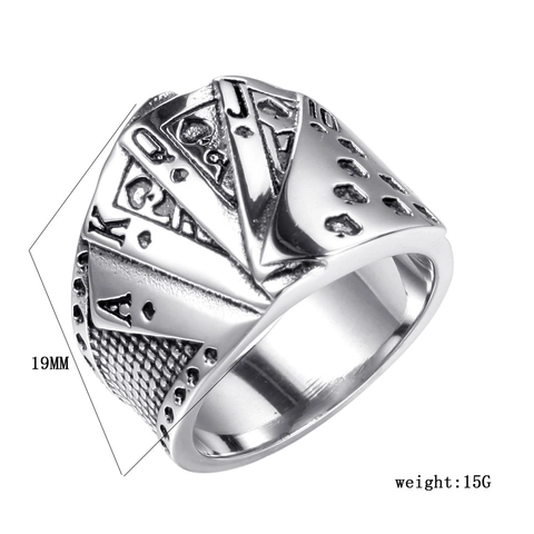 Vintage Stainless Steel Poker Royal Flush Band Ring For Men Hip Hop Punk Embossed Playing Cards Finger Ring Fashion Jewelry Accessory