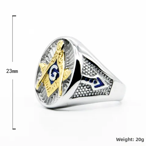 Anillo Símbolo Masónico Masonería para Hombre Acero Inoxidable Bicolor Oro Plata Azul Esmalte Sello Joyería de Dedo