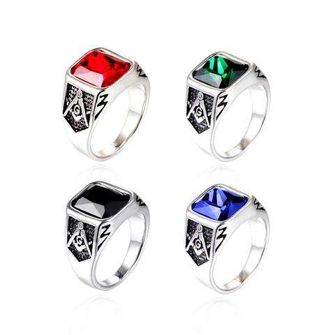 Vintage Freemasonry Men Titanium Steel Ring With Square Rhinestone Retro Punk Signet Ring Fashion Geometry Finger Jewelry
