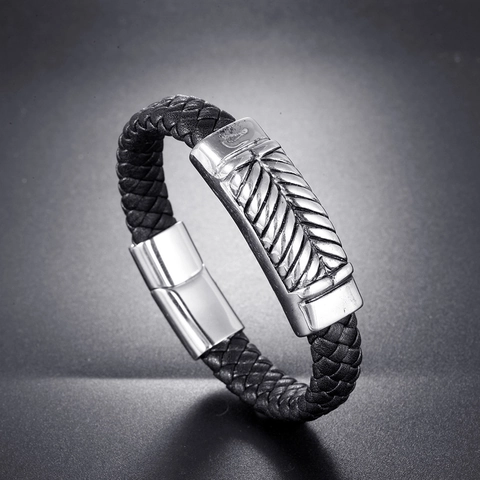Vintage Men's Stainless Steel Woven Leather Bracelet Geometric Pattern Magnetic Clasp Biker Wristband Fashion Jewelry Gift For Men