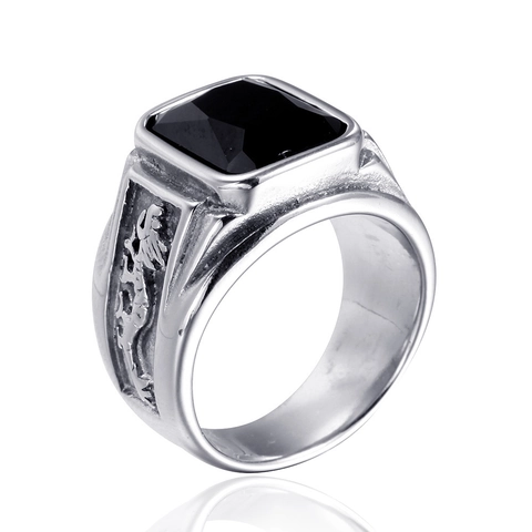 Vintage Men's Stainless Steel Ring With Large Rectangular Zirconia Double Dragon Relief Punk Style Signet Ring For Daily Wear Jewelry
