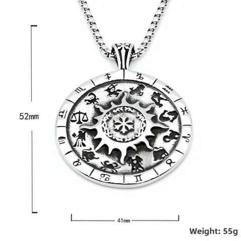 Stainless Steel Compass Zodiac Pendant Necklace For Men Hiphop Punk Vintage Distressed Silver Tone Sunburst Box Chain Jewelry
