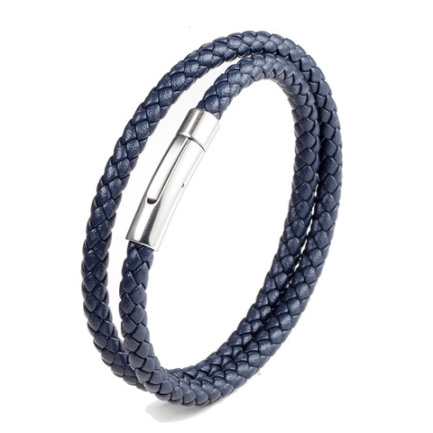 Men Double Wrap Braided Leather Bracelet With Stainless Steel Magnetic Clasp Fashion Handwoven Multi Layer Wristband Jewelry