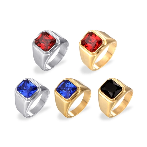 Men's Square Gemstone Signet Ring Titanium Stainless Steel With Black Red Blue Rhinestone Fashion Jewelry Finger Ring Gift