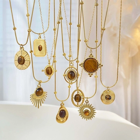 Vintage Natural Tiger Eye Stainless Steel Necklace Gold Plated Brown Stone Geometric Heart Sunburst Pendant Necklace For Women Jewelry
