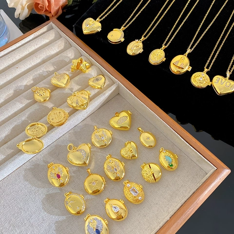 Vintage Stainless Steel Locket Necklace For Women Gold Plated Copper Zirconia Heart Oval Round Pendant Photo Box Jewelry Gift