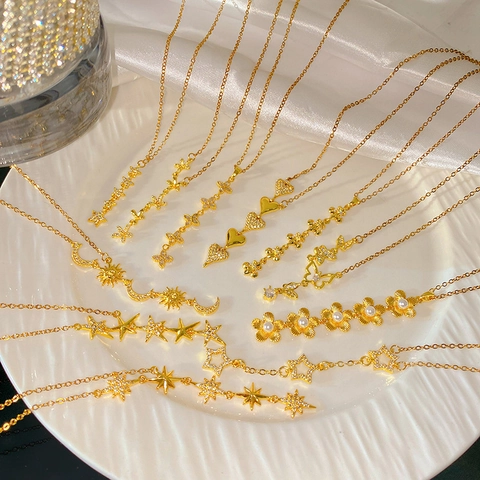 Stainless Steel Rhinestone Tassel Clover Necklace For Women Vintage Gold Plated Star Butterfly Heart Artificial Pearl Pendant Necklace Party Jewelry