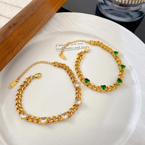Light Luxury Gold Plated Stainless Steel Heart Zircon Cuban Link Necklace Bracelet Set For Women Fashion Jewelry Party Accessory