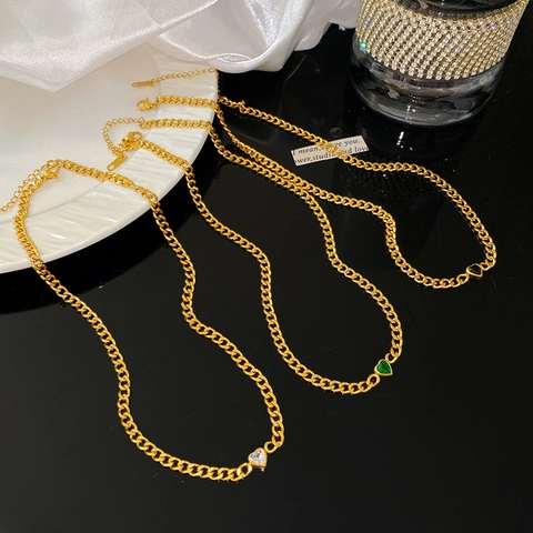 Light Luxury Gold Plated Stainless Steel Heart Zircon Cuban Link Necklace Bracelet Set For Women Fashion Jewelry Party Accessory