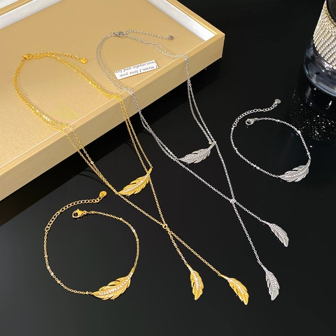 Bohemian Stainless Steel Double Layer Feather Tassel Necklace Bracelet Set Gold Silver Plated Rhinestone Jewelry For Women