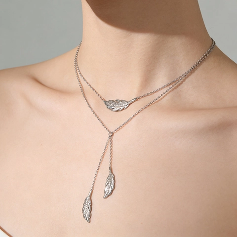 Bohemian Stainless Steel Double Layer Feather Tassel Necklace Bracelet Set Gold Silver Plated Rhinestone Jewelry For Women