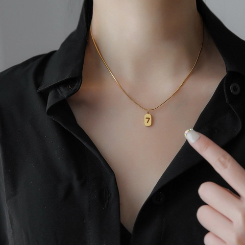 Minimalist Titanium Steel Snake Bone Chain Necklace With Number 7 Rectangular Pendant Gold Plated Fashion Jewelry For Women Gift