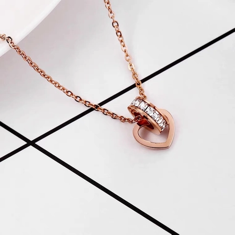 Stainless Steel Zirconia Heart Interlocking Circle Pendant Necklace For Women Rose Gold Gold Minimalist Jewelry Gift