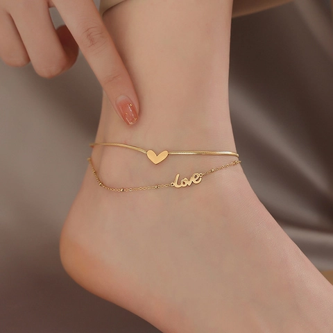 Layered Anklet Titanium Steel Heart Love Pendant Snake Bone And Bead Chain For Women Korean Simple Fashionable