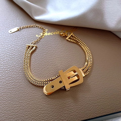 Mode Titanstahl Gürtelschnalle Mehrlagige Kette Armband Für Damen Minimalistischer Edelstahl Gold Silber Schmuck Geschenk