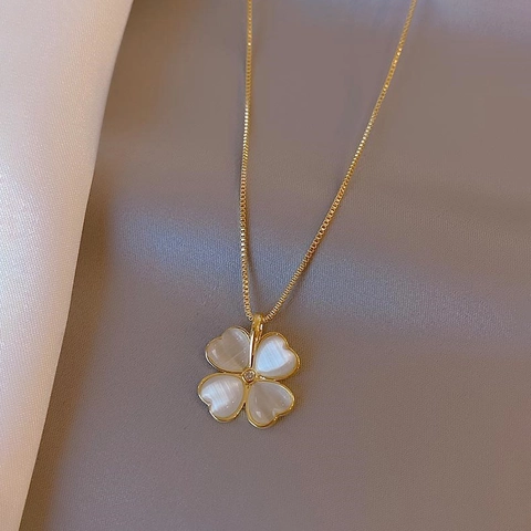 Elegant Four Leaf Clover Necklace Titanium Steel Gold Plated Cat's Eye Stone Rhinestone Pave Clavicle Chain Jewelry For Women