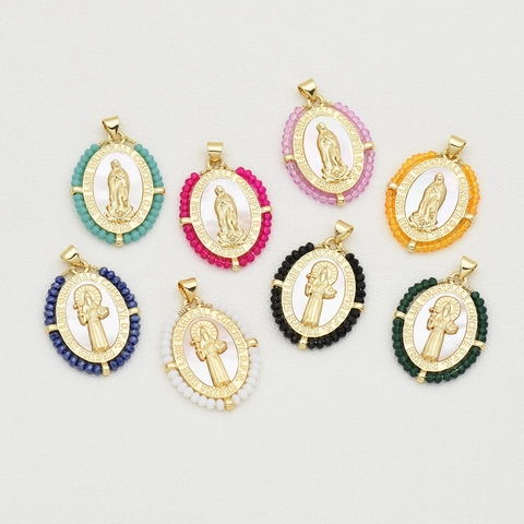 Colgante Ovalado Católico Virgen María Bañado Oro 18K Cobre Concha Natural Madonna Religiosa Charm Con Cuentas Cristal Para Joyería