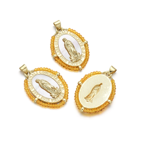 Colgante Ovalado Católico Virgen María Bañado Oro 18K Cobre Concha Natural Madonna Religiosa Charm Con Cuentas Cristal Para Joyería