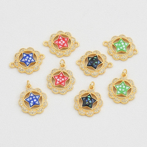 Pendente Stella Girasole in Rame Placcato Oro Conchiglia Strass Goccia d'Olio DIY Accessori Creazione Gioielli