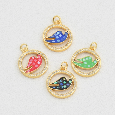 Ciondolo a Forma di Uccello in Rame Placcato Oro Con Strass Rotondo Mosaico Conchiglia Charm Fai da Te Collana Accessorio per Donna Gioielli di Moda