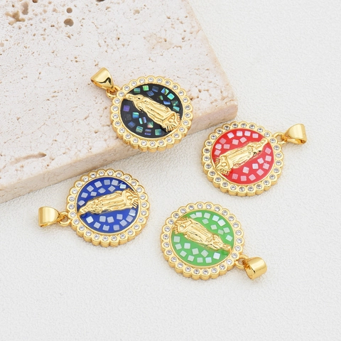 Pendente a Medaglia Rotonda in Rame Placcato Oro Religioso Vergine Maria Con Strass Intarsiati E Perle Artificiali Ciondoli per Creazione di Collane Fai da Te
