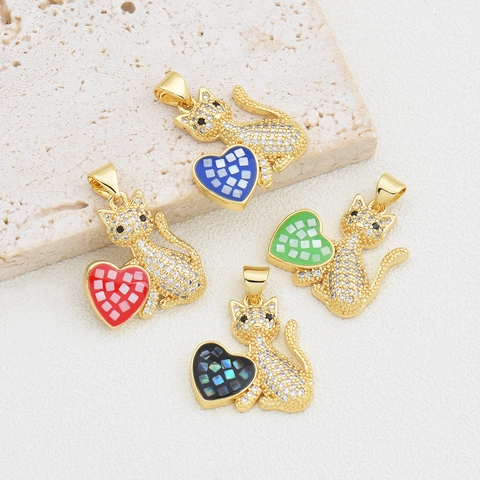 Ciondolo Gatto Cuore in Rame Placcato Oro 18K Con Strass Fascino in Conchiglia Artificiale per Collana DIY Gioielli Donna