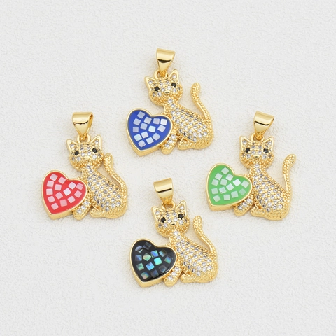 Ciondolo Gatto Cuore in Rame Placcato Oro 18K Con Strass Fascino in Conchiglia Artificiale per Collana DIY Gioielli Donna
