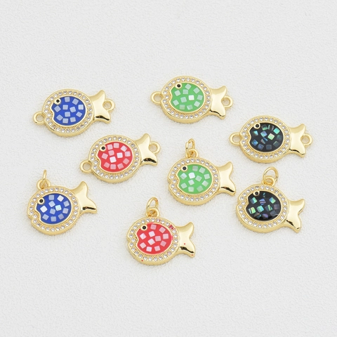 Ciondolo a Pesce in Rame Placcato Oro 18K Con Mosaico Di Conchiglie E Strass Forma Animale Per Accessori Creazione Gioielli