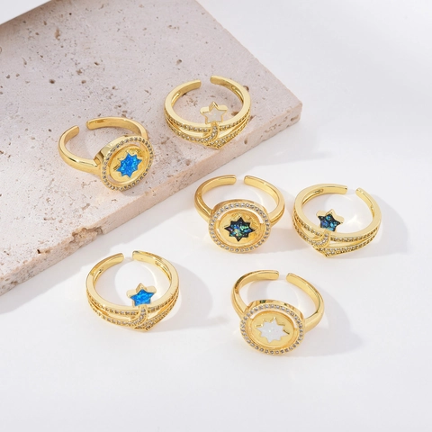 Anello Aperto Stella Luna in Rame Vintage Placcato Oro 18K Regolabile con Opale Artificiale e Strass Intarsiati Gioielli Moda Donna
