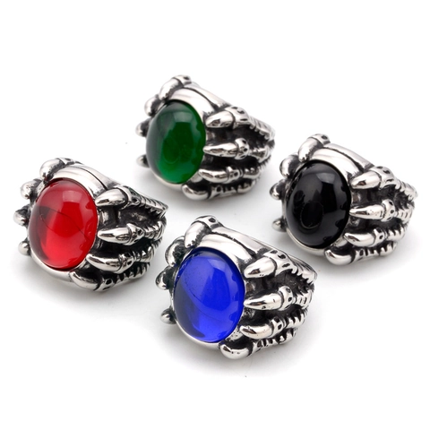 Vintage Punk Dragon Claw Ring For Men Titanium Steel Polished Red Green Blue Black Rhinestone Inlaid Gothic Fashion Ring Jewelry