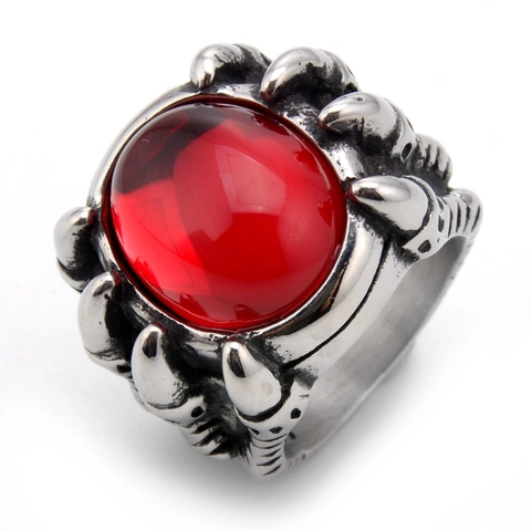 Vintage Punk Dragon Claw Ring For Men Titanium Steel Polished Red Green Blue Black Rhinestone Inlaid Gothic Fashion Ring Jewelry