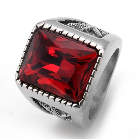 Bague Vintage en Acier Titane avec Strass Carré pour Hommes Femmes Motif Relief Gothique Feuille de Palmier Bijoux