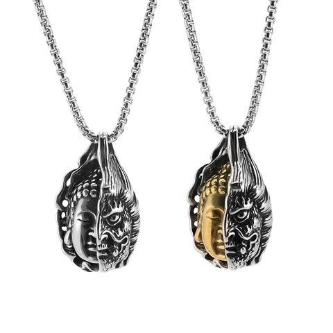 Vintage Stainless Steel Buddha Demon Pendant Necklace For Men Retro Oxidized Two Tone Religious Amulet Individual Jewelry Handmade Box Chain Necklace