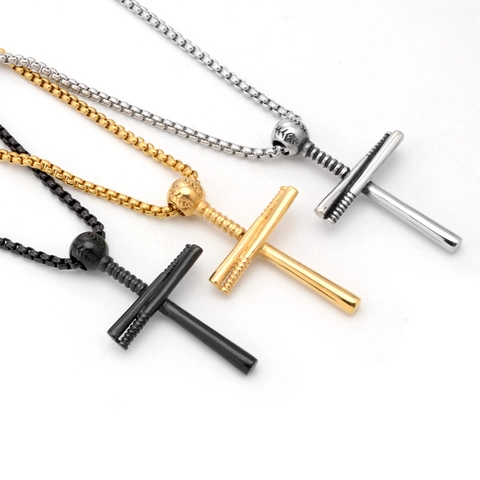 Titanium Steel Baseball Bat Cross Pendant Necklace For Men Sport Style Punk Jewelry Polished Stainless Steel Box Chain Necklace