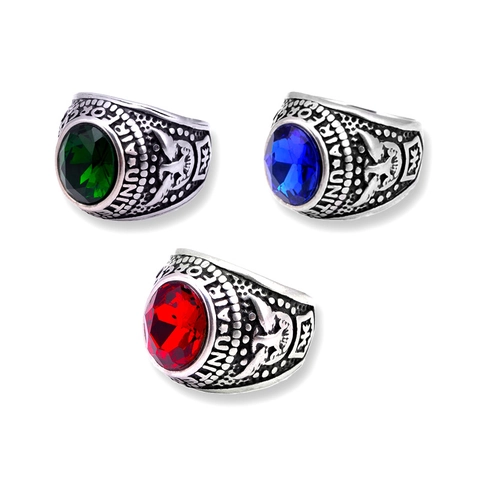 Vintage Stainless Steel Military Signet Ring For Men Eagle Relief Rhinestone Inlaid Air Force Style Retro Jewelry Gift