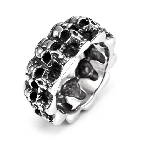 Vintage Stainless Steel Skull Band Ring For Men Gothic Punk Style Multiple Skulls Relief Hip Hop Fashion Metal Ring Jewelry