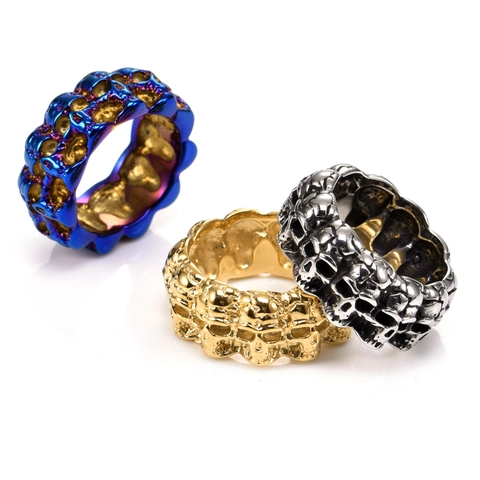 Vintage Stainless Steel Skull Band Ring For Men Gothic Punk Style Multiple Skulls Relief Hip Hop Fashion Metal Ring Jewelry