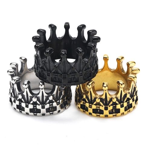 Vintage Gothic Punk Crown Stainless Steel Ring Men Women Hollow Cross Distressed Hip Hop Biker Jewelry Finger Ring